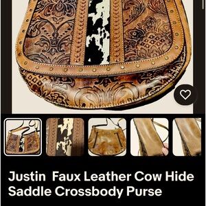 Justin saddle bag purse with cowhide in the center and etched with a Western